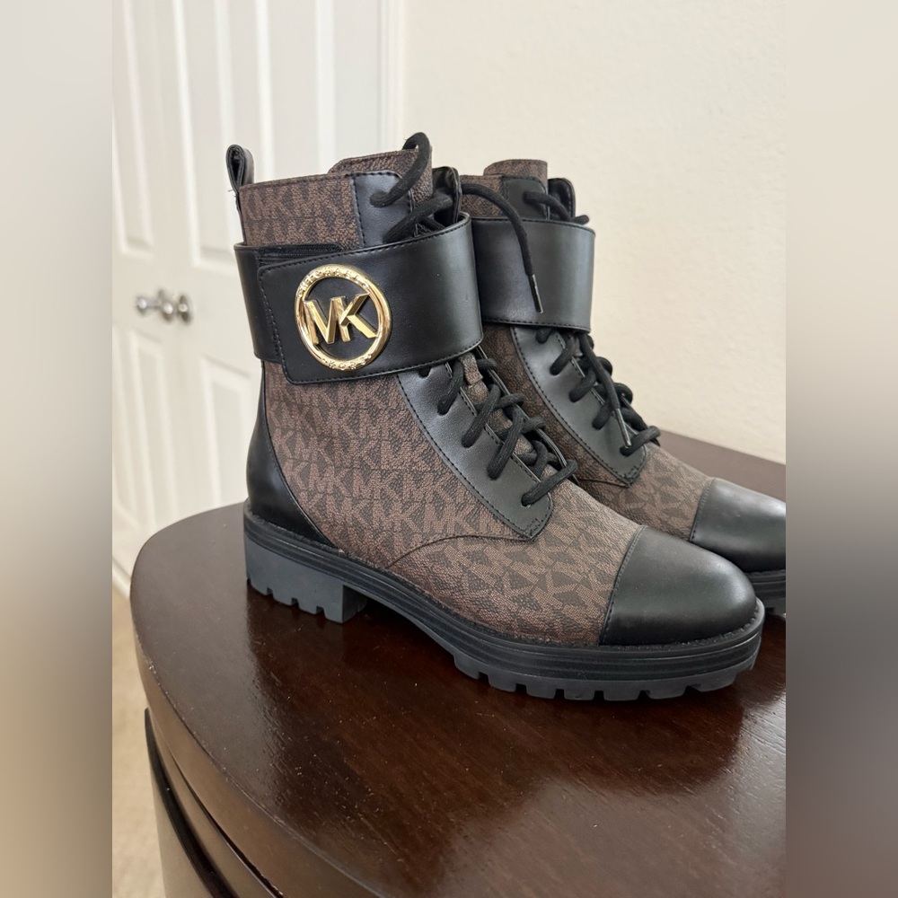 Michael Kors Brown and Black MK Logo Strap Boot